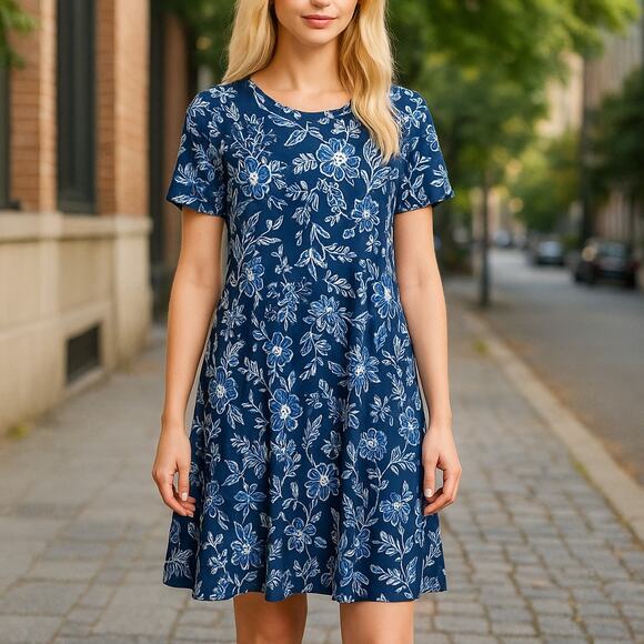 LOFT Ann Taylor Womens Blue Floral Print Tee Shirt Mini Dress Size MP Petite - Picture 1 of 7